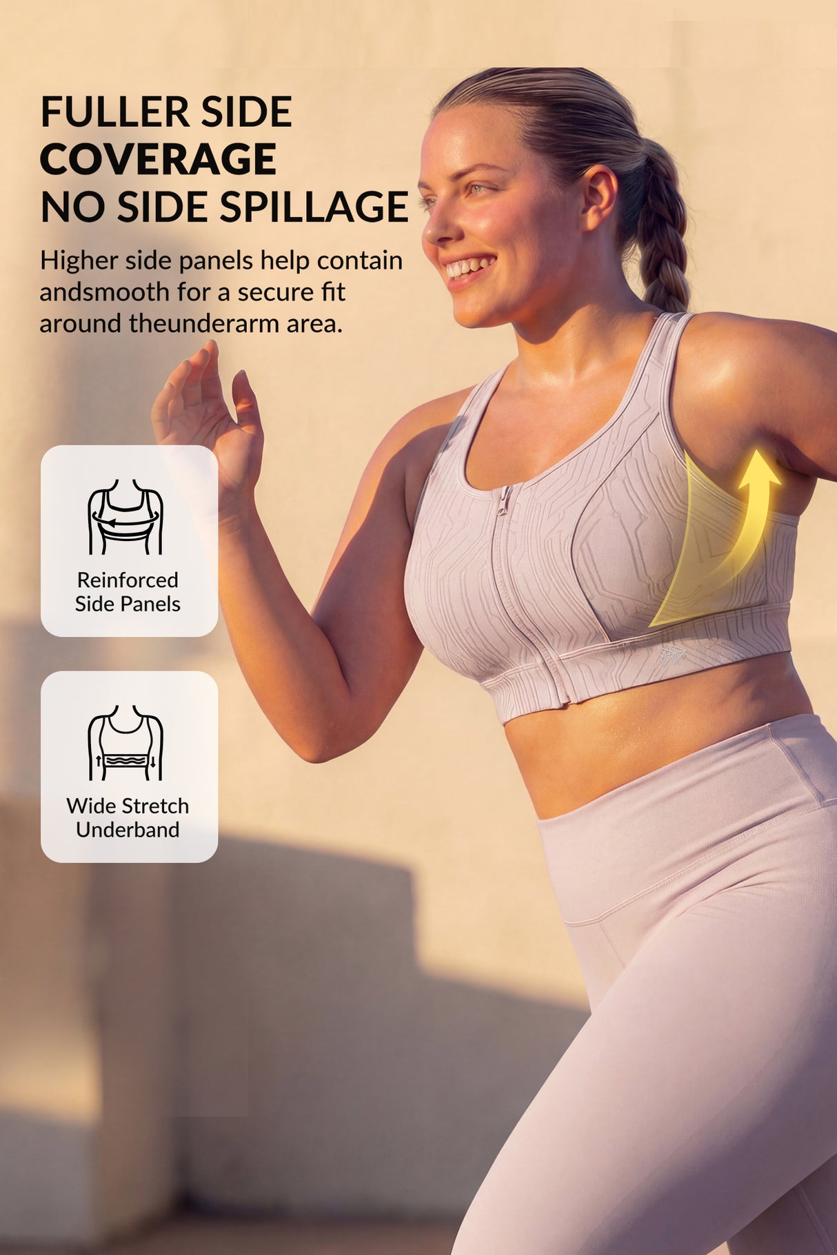 Reggiseno da corsa con motivo a strisce Power Zip Front | Reggiseno sportivo ad alto sostegno da donna
