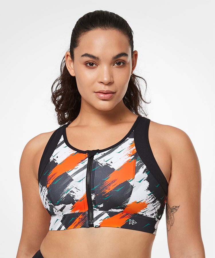 Echo Print Zip Perforated Racerback Padded Running Bra | Women's High Support Sports Bra
