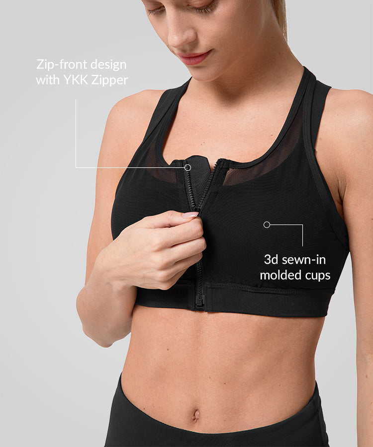 Power Zip Front Mesh Padded Running Bra | Damen Sport-BH mit starkem Halt