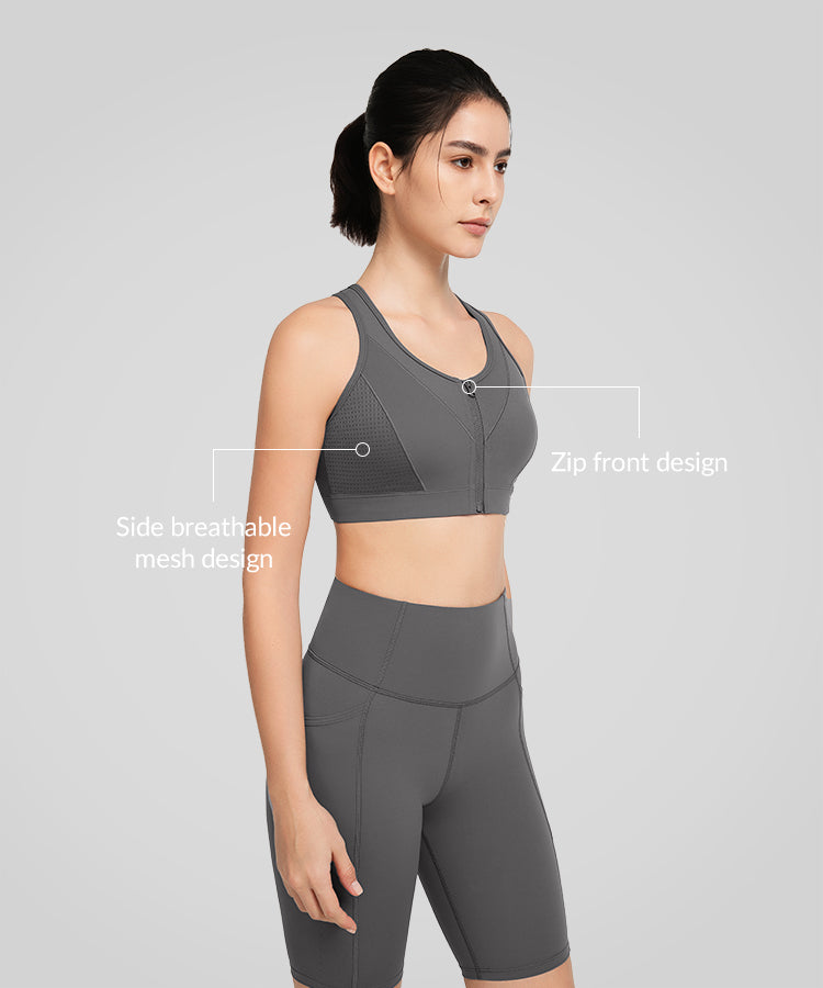 Power Zip Front Breathable Mesh Running Bra | Women's High Support Sports Bra
