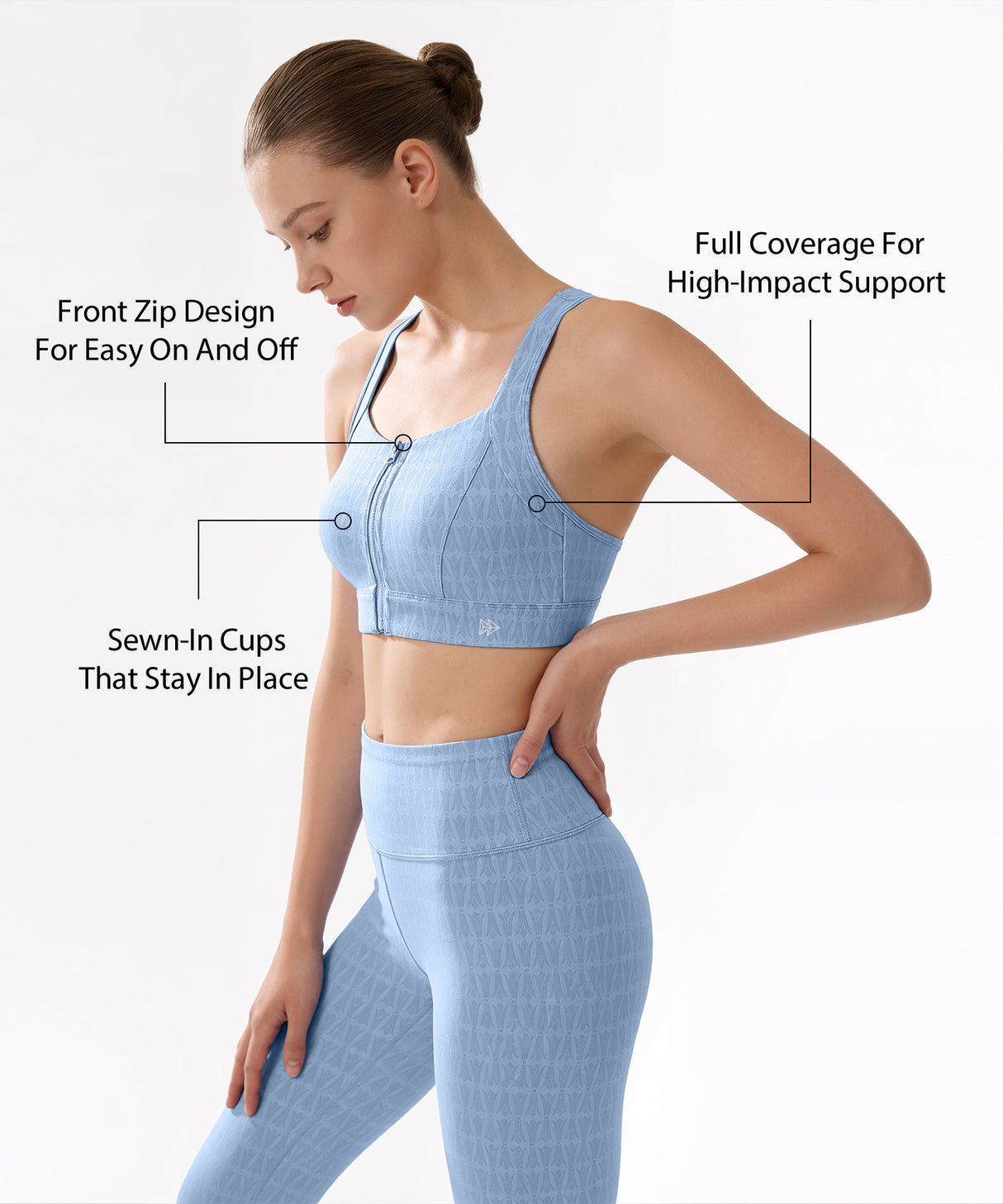 Power Zip Front Jacquard Pattern Crisscross Full Coverage Running Bra| Women's High Support Sports Bra