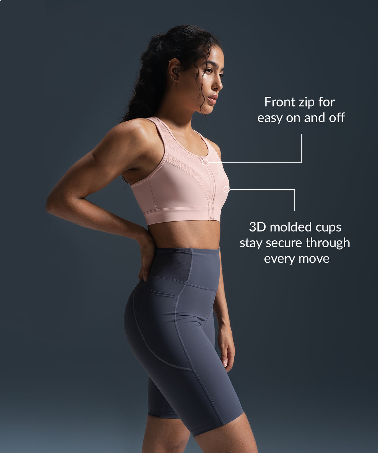 Sujetador para correr acolchado de malla con cremallera Enfold | Sujetador deportivo de alta sujeción para mujer