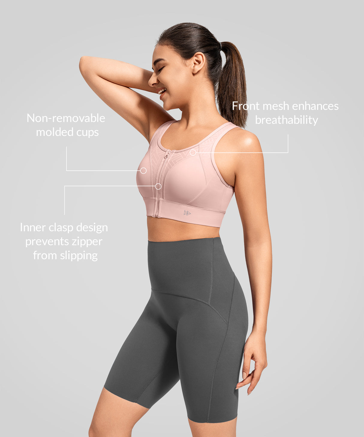 Power Zip Front Key Hole Back Sports Bra | Women's High Support Sports Bra