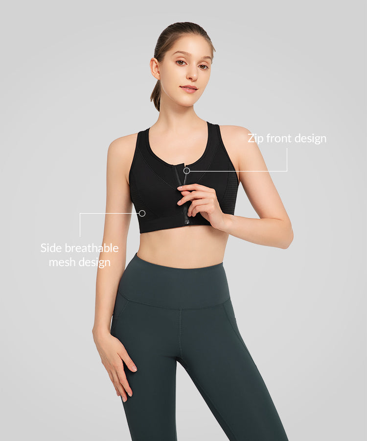 Power Zip Front Breathable Mesh Running Bra | Women's High Support Sports Bra