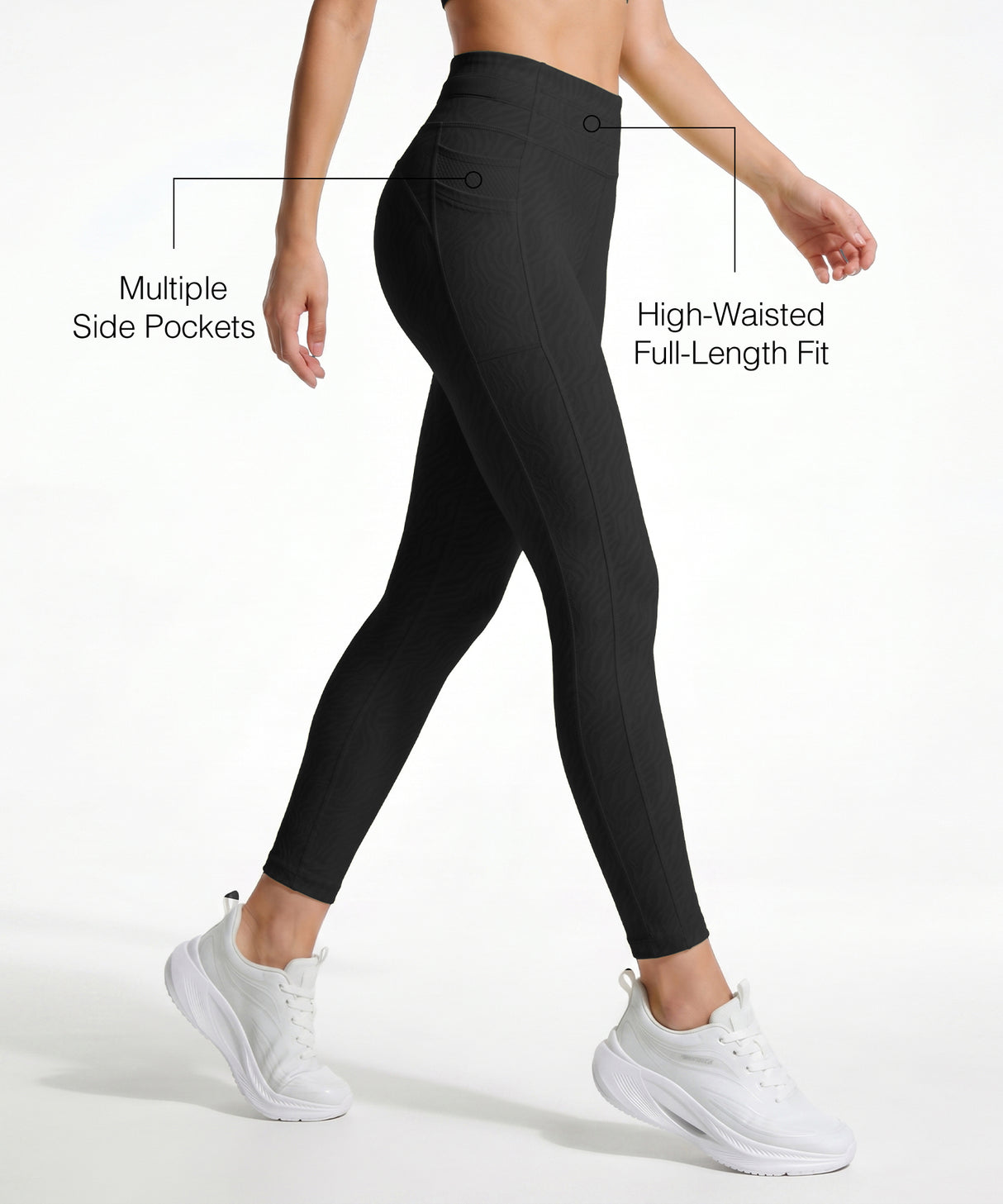 Black Textured High Impact Leggings With Pockets 25inches | High-Impact Support Best For Running, HIIT & Training