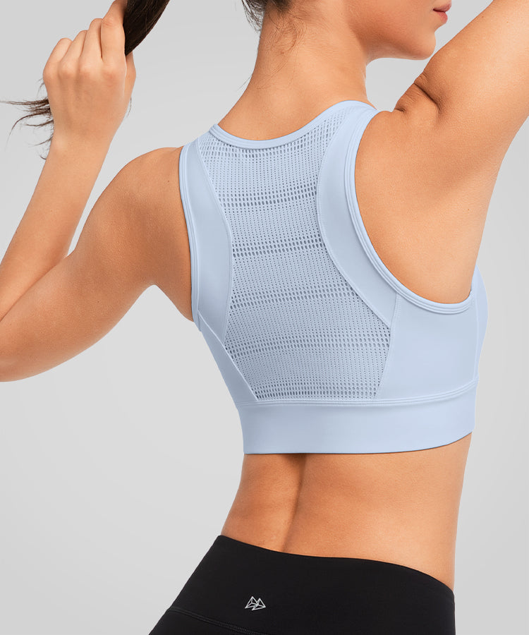 Echo Front Zip Perforated Solid Padded Running Bra | Women's High Support Sports Bra