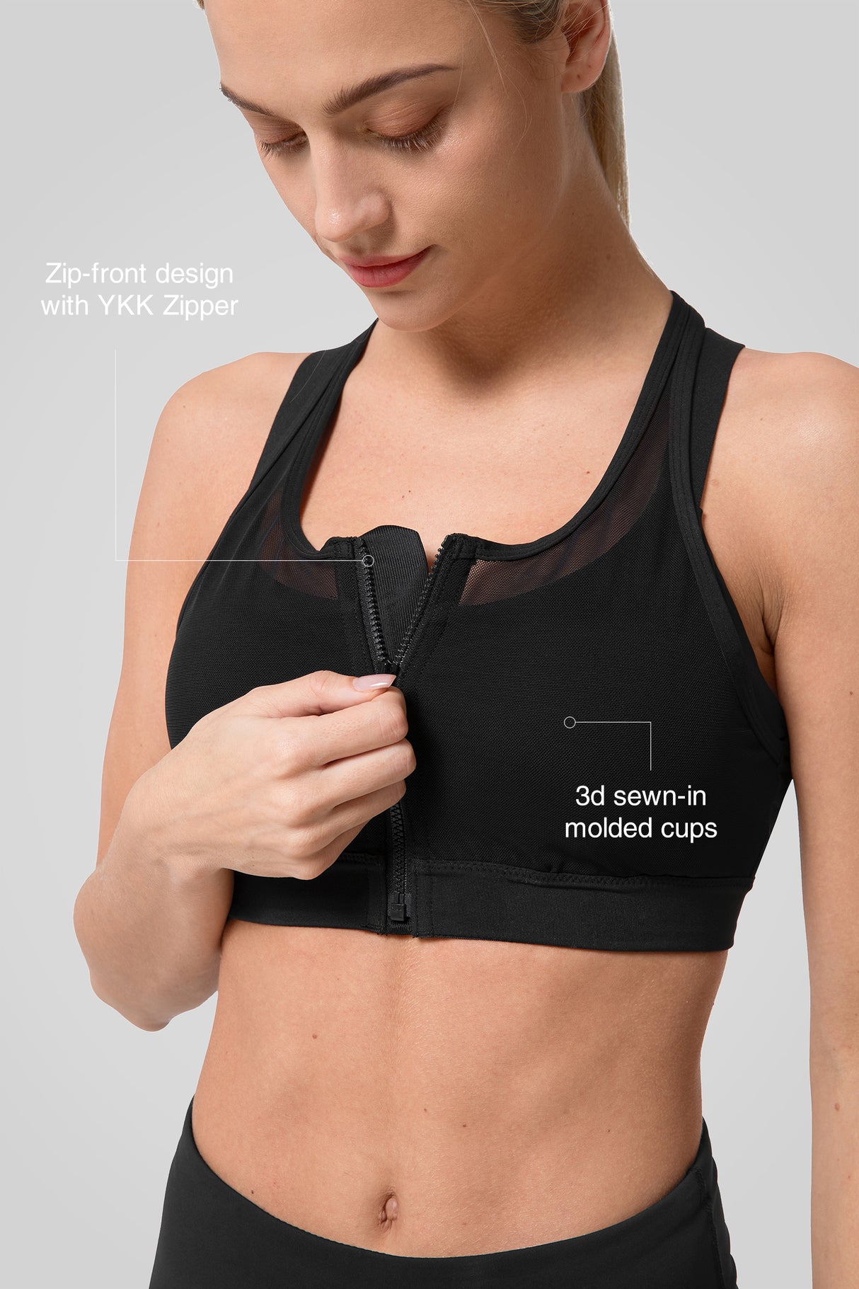 Power Zip Front Mesh Padded Running Bra | Damen Sport-BH mit starkem Halt