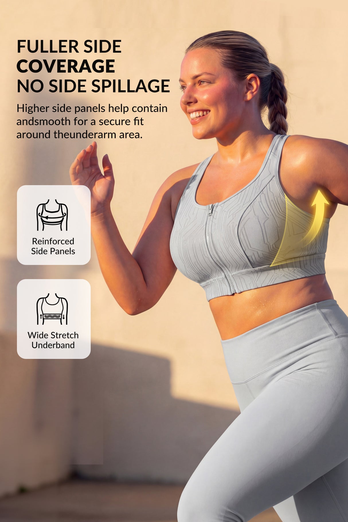 Reggiseno da corsa con motivo a strisce Power Zip Front | Reggiseno sportivo ad alto sostegno da donna