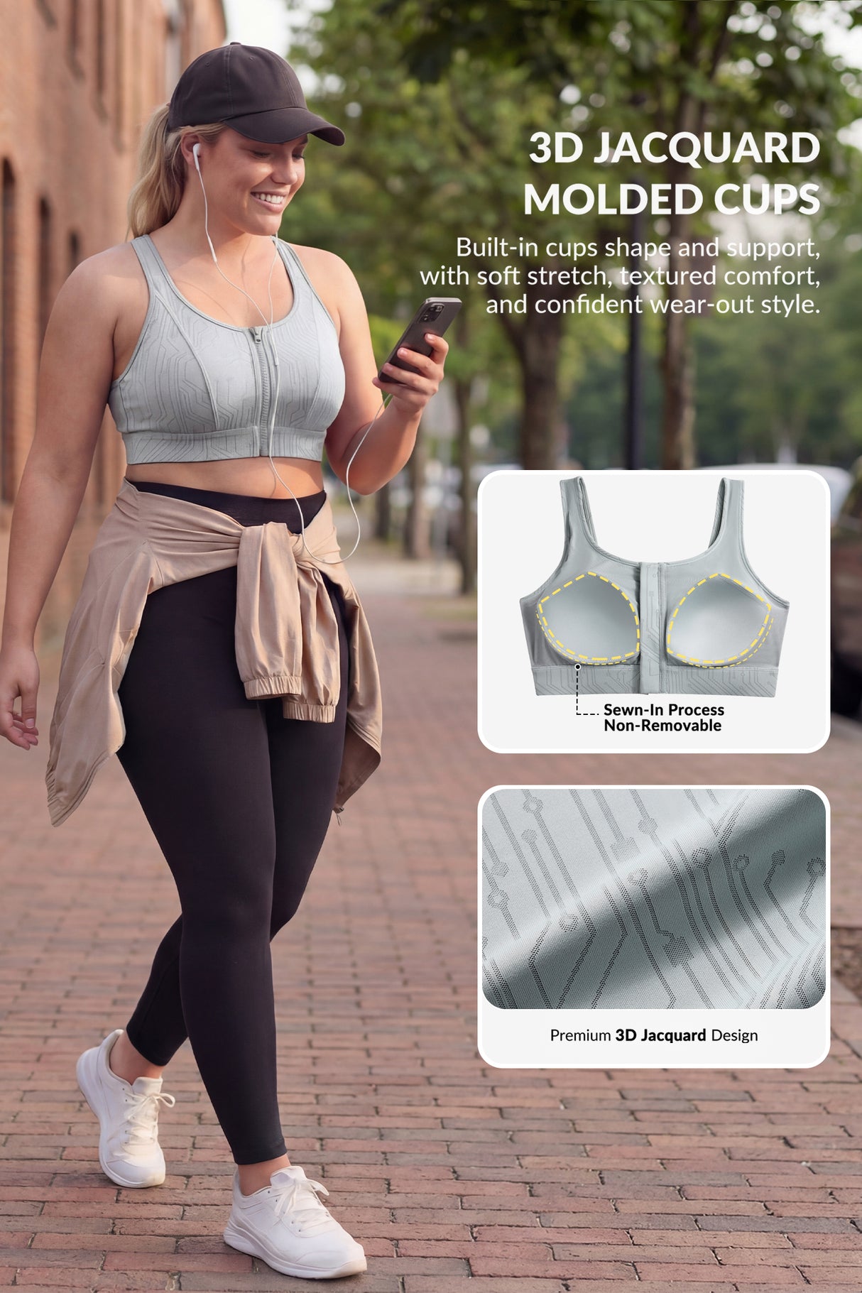 Reggiseno da corsa con motivo a strisce Power Zip Front | Reggiseno sportivo ad alto sostegno da donna