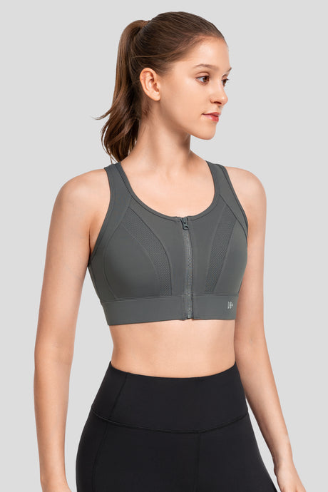 Echo Front Zip Perforerad Andningsbar Vadderad Löpar-BH | Sport-BH med Högt Stöd för Damer