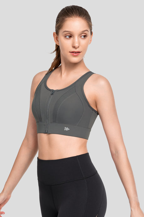 Echo Front Zip Perforerad Andningsbar Vadderad Löpar-BH | Sport-BH med Högt Stöd för Damer