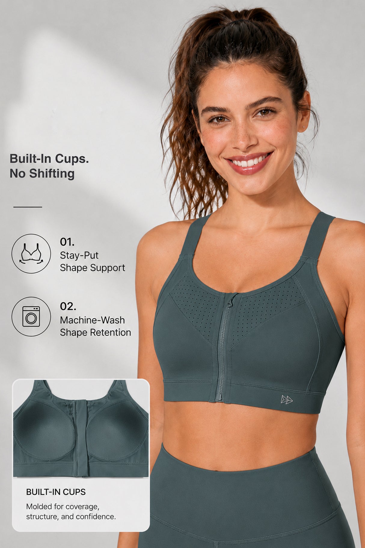 Reggiseno da corsa imbottito con spalline regolabili Power Zip | Reggiseno sportivo ad alto sostegno da donna