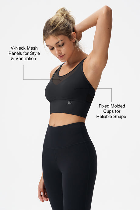 Echo™ Deep V-Neck Mesh Longline Padded Yoga Bra | Women's Light Support Sports Bra