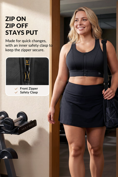 Sujetador deportivo de running con estampado de rayas y cremallera frontal Power Zip | Sujetador deportivo de alta sujeción para mujer