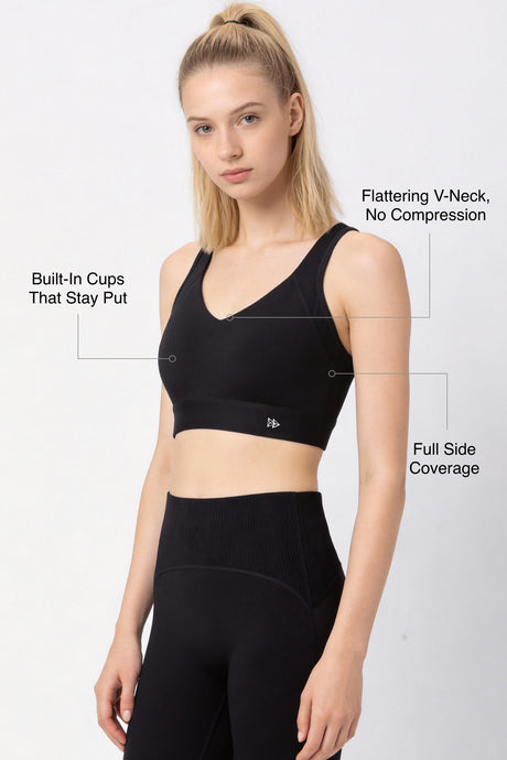 Shift™ Racerback Air Flow Full Coverage V-Neck Support Sports Bra | Women's Medium Support Sports Bra Best For Yoga, HIIT