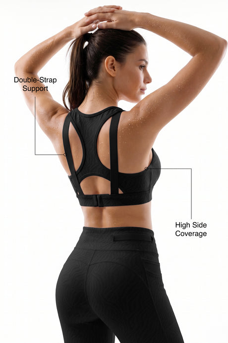 Black Racerback Mesh Full Coverage Running Bra | High-Impact Support Best For Running, HIIT, Yoga & Training