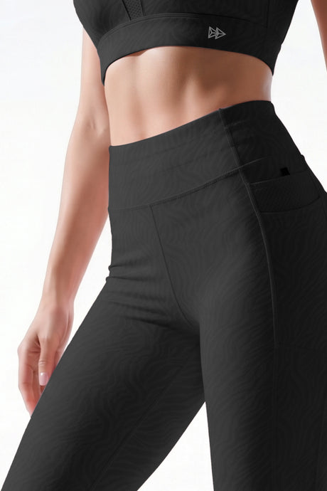 Black Textured High Impact Leggings With Pockets 25inches | High-Impact Support Best For Running, HIIT & Training