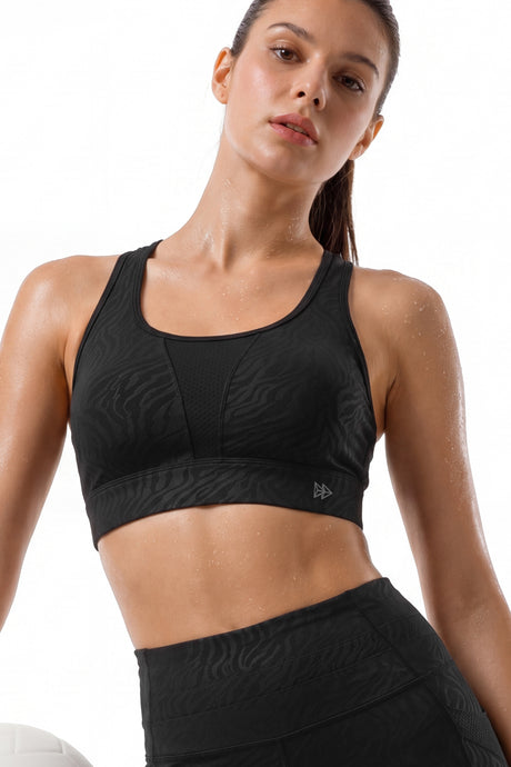 Black Racerback Mesh Full Coverage Running Bra | High-Impact Support Best For Running, HIIT, Yoga & Training