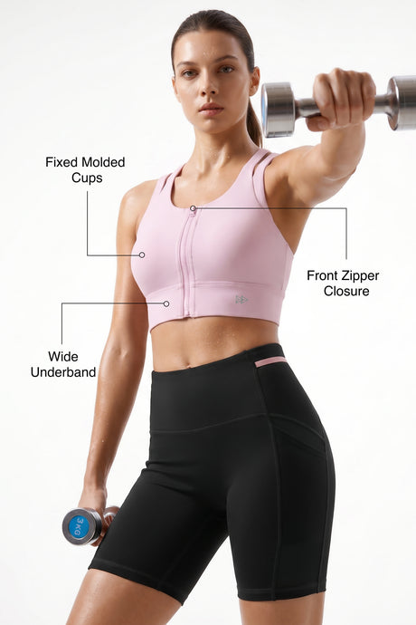 Pink Longline Coverage High Impact Bra With Front Zip | High-Impact Support Best For Running, HIIT & Training