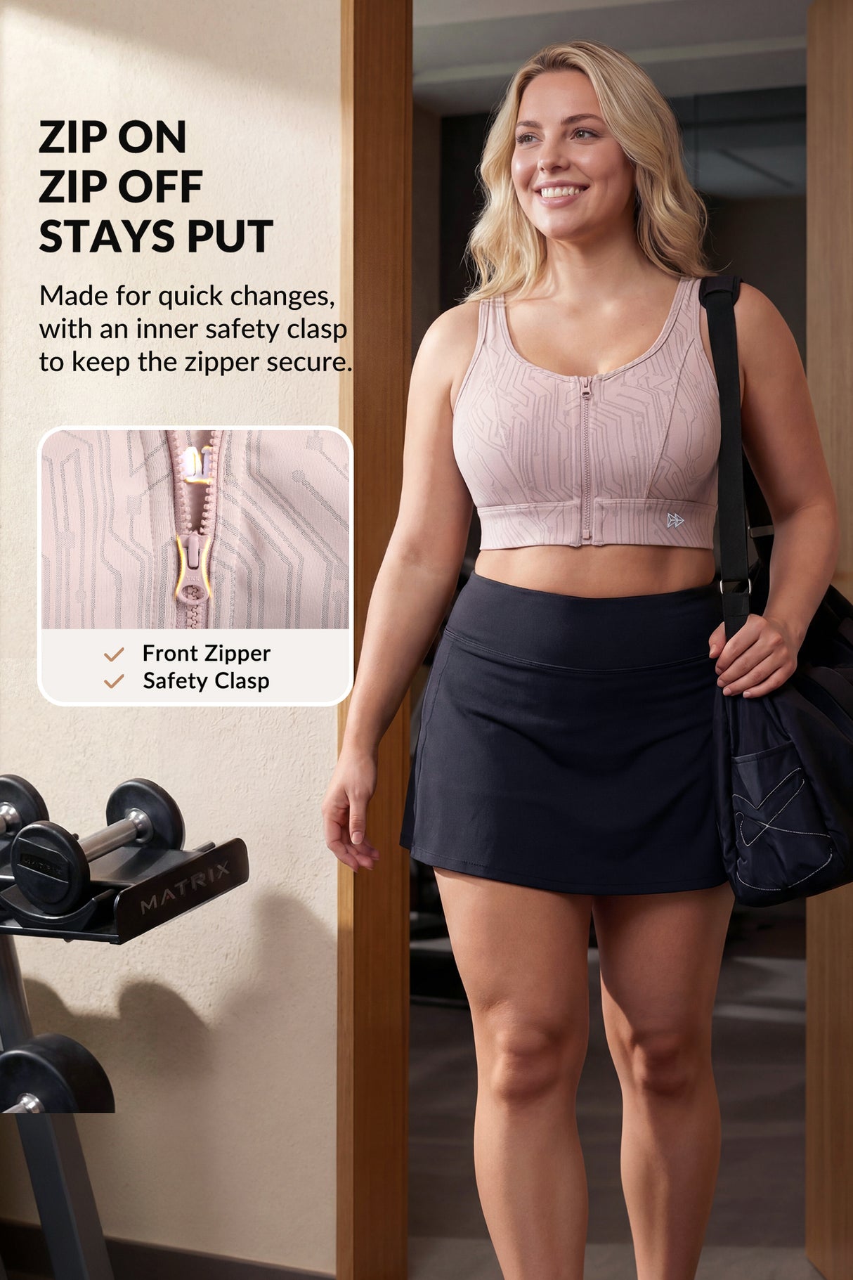 Reggiseno da corsa con motivo a strisce Power Zip Front | Reggiseno sportivo ad alto sostegno da donna