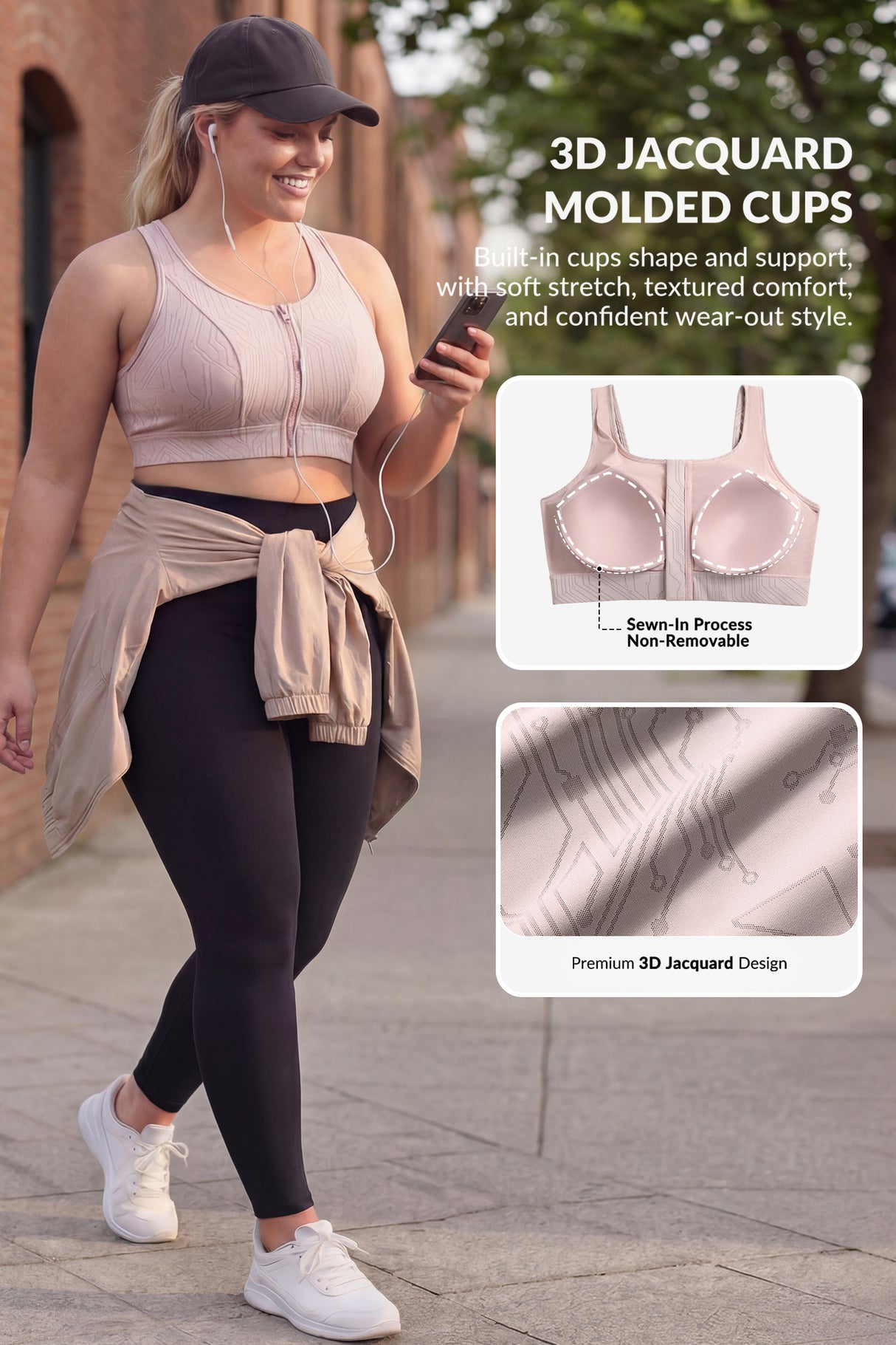Reggiseno da corsa con motivo a strisce Power Zip Front | Reggiseno sportivo ad alto sostegno da donna