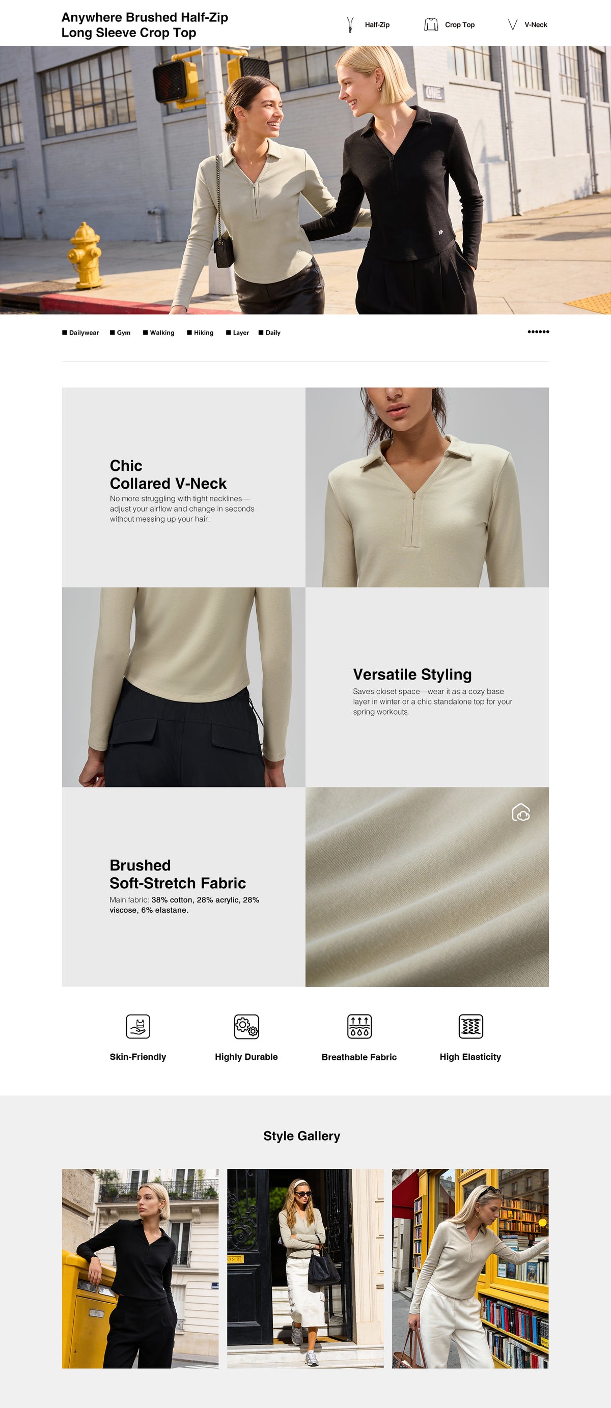 Anywhere™ Brushed Half-Zip Long Sleeve Crop Top | Women's Long Sleeve T-shirt
