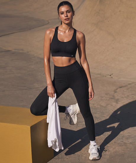 Black Textured High Impact Leggings With Pockets 25inches | High-Impact Support Best For Running, HIIT & Training