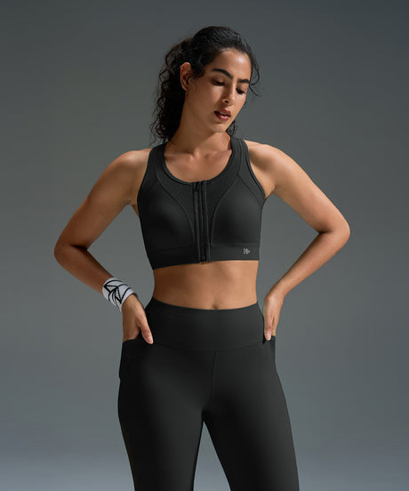 Sujetador deportivo de malla con espalda nadadora y cremallera frontal Power Zip Stripe | Sujetador deportivo de alta sujeción para mujer