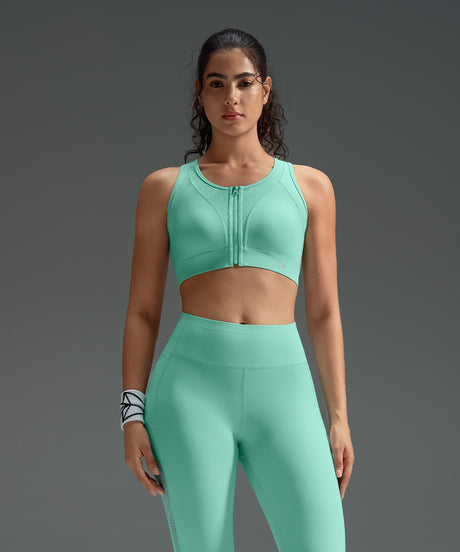 Power Zip Front Stripe Mesh Racerback Running Bra | Women's High Support Sports Bra