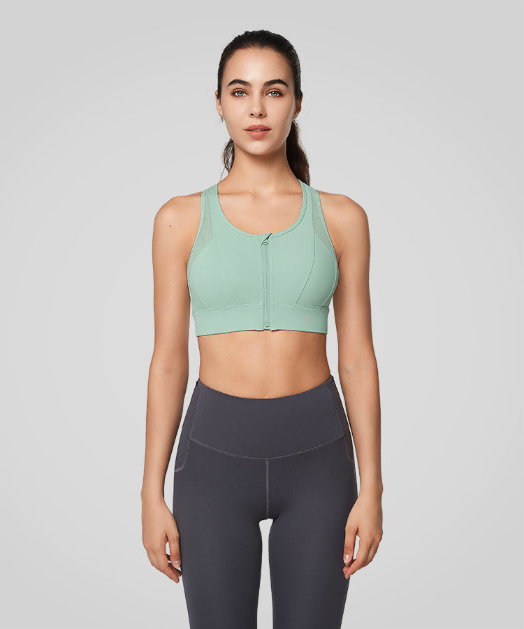 Criss-Cross Mesh Sports Bra in color Green by Chandra Yoga