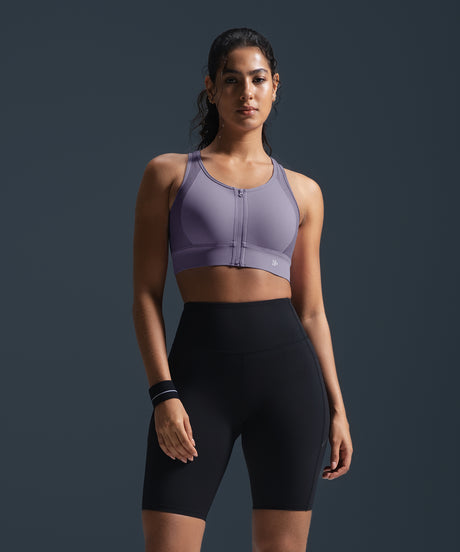 Enfold Zip Front Racerback Vadderad Löpar-BH | Sport-BH med Högt Stöd för Damer