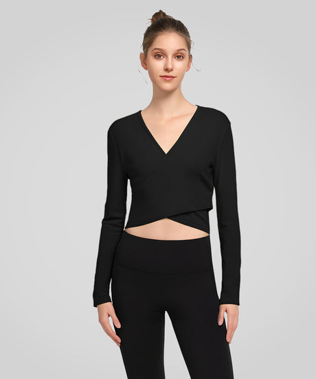 Anywhere V-neck Crisscross Fitted Ribbed Knit T-shirt| Women's Sports T-shirt