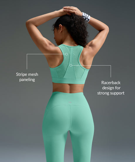 Power Zip Front Stripe Mesh Racerback Running Bra | Women's High Support Sports Bra