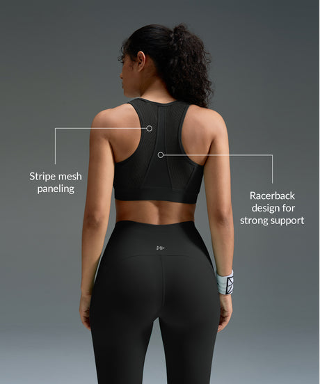 Sujetador deportivo de malla con espalda nadadora y cremallera frontal Power Zip Stripe | Sujetador deportivo de alta sujeción para mujer
