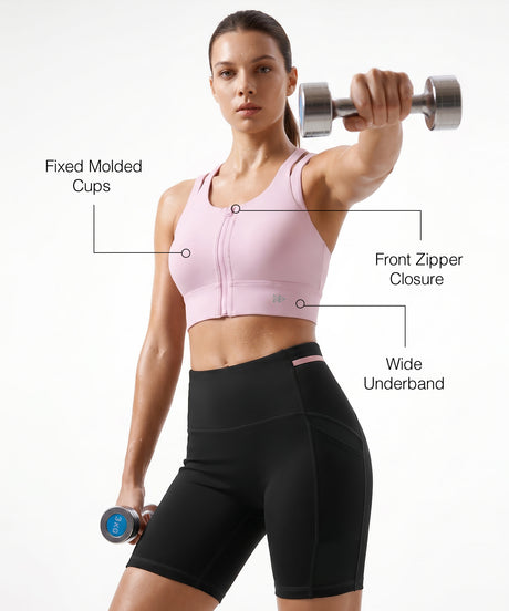 Pink Longline Coverage High Impact Bra With Front Zip | High-Impact Support Best For Running, HIIT & Training