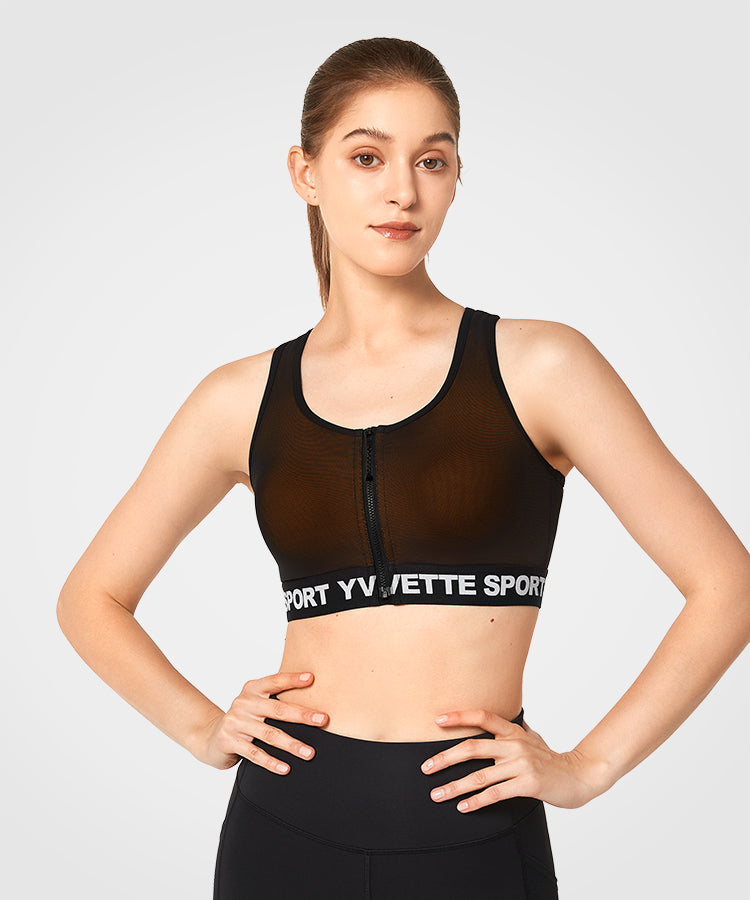 Sujetador deportivo de malla radiante con cremallera frontal | Sujetador deportivo de alta sujeción para mujer