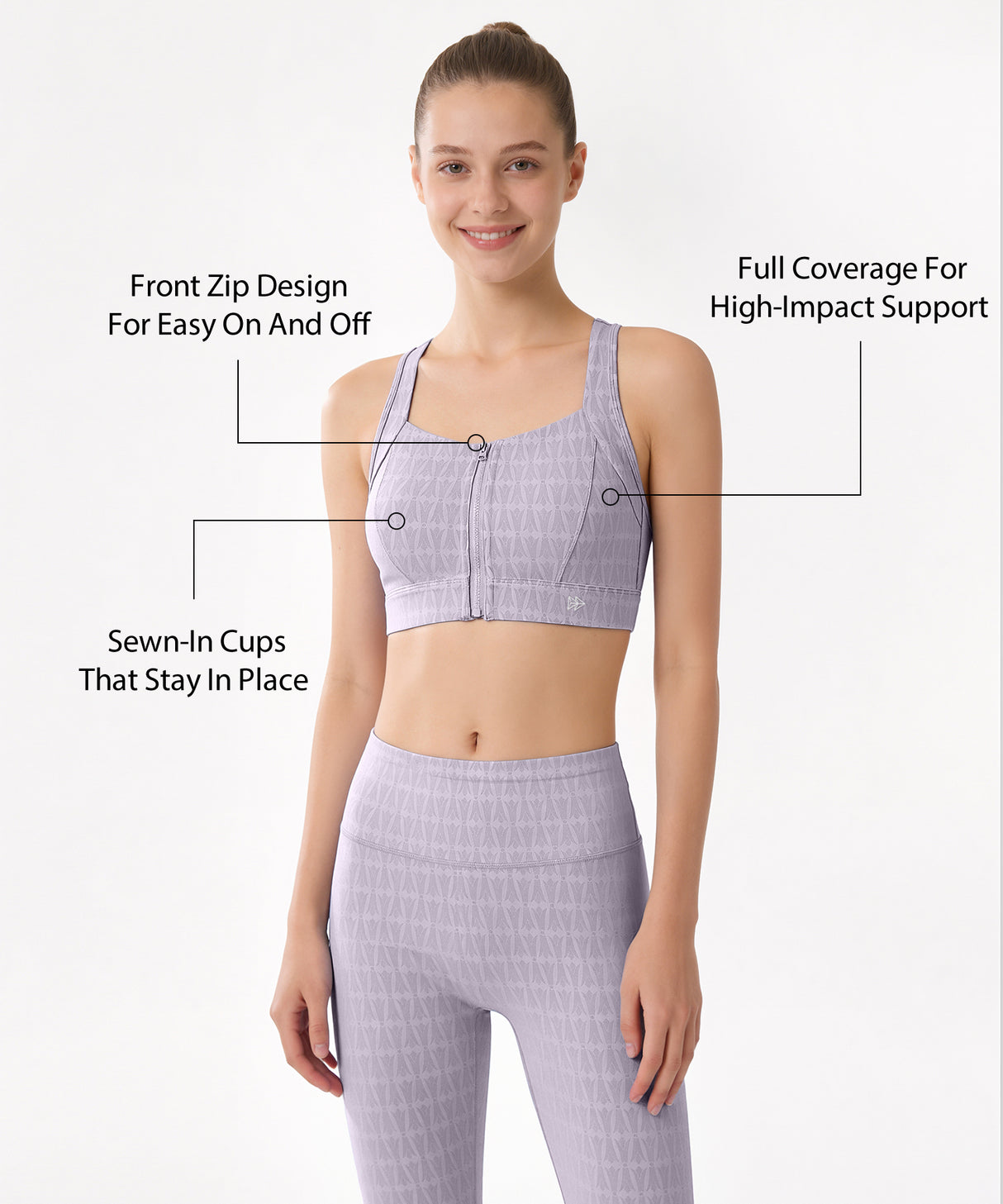 Power Zip Front Jacquard Pattern Crisscross Full Coverage Running Bra| Women's High Support Sports Bra