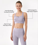 Power Zip Front Jacquard Pattern Crisscross Full Coverage Running Bra| Women's High Support Sports Bra
