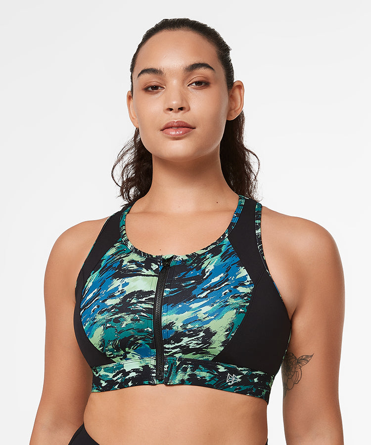 Sujetador para correr con relleno y espalda cruzada con cremallera y estampado abstracto Echo | Sujetador deportivo de alta sujeción para mujer