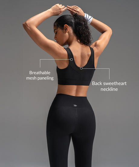 Power Mesh Sweetheart Neck Back Sports Bra| Women's High Support Sports Bra