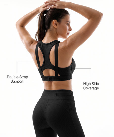 Black Racerback Mesh Full Coverage Running Bra | High-Impact Support Best For Running, HIIT, Yoga & Training