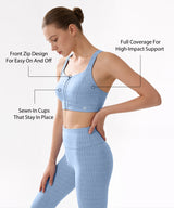 Power Zip Front Jacquard Pattern Crisscross Full Coverage Running Bra| Women's High Support Sports Bra