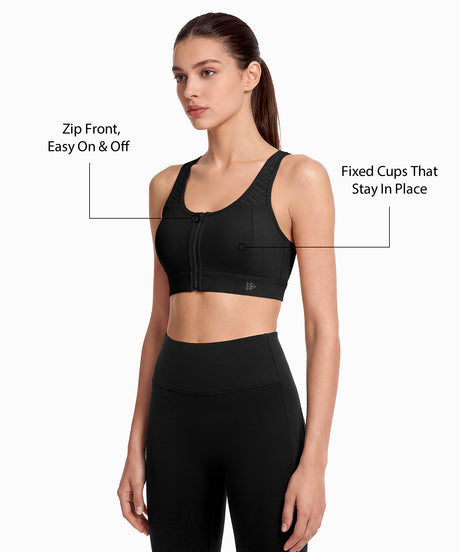 Power Breathable Zip Front Fixed Cups High Impact Bra | Women's High Support Sports Bra