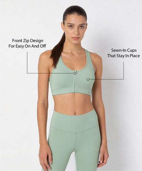 Shift Front Zip Sewn-in Pads Racerback Running Bra | Women's High Support Sports Bra