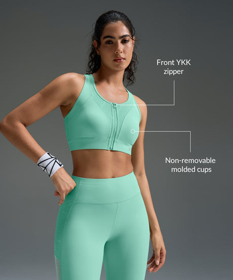 Power Zip Front Stripe Mesh Racerback Running Bra | Women's High Support Sports Bra