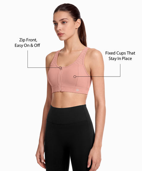 Power Breathable Zip Front Fixed Cups High Impact Bra | Women's High Support Sports Bra