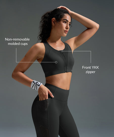 Sujetador deportivo de malla con espalda nadadora y cremallera frontal Power Zip Stripe | Sujetador deportivo de alta sujeción para mujer