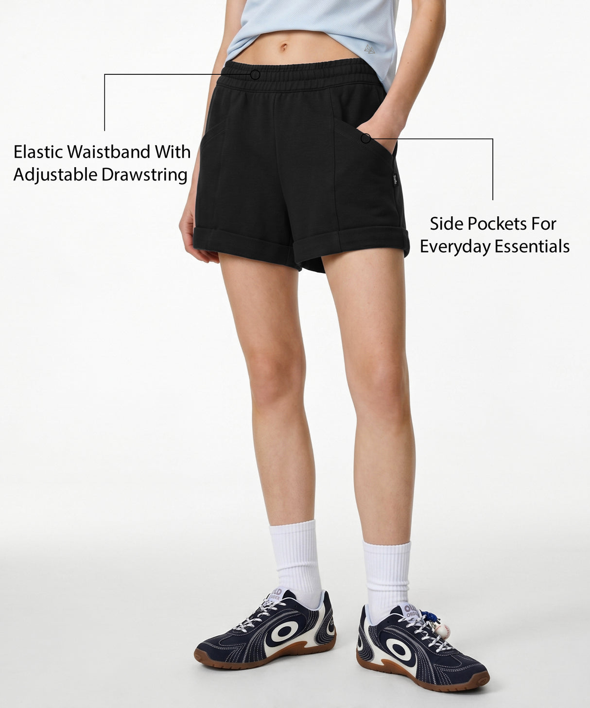 Anywhere Black Elastic Waistband & Adjustable Drawstring Multi-Pocket Shorts  | Women's Running Shorts
