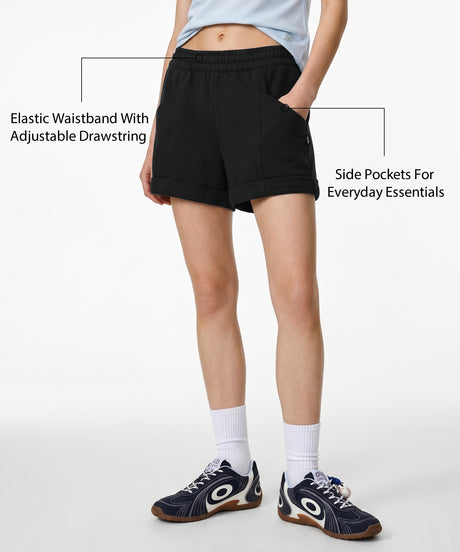 Anywhere Black Elastic Waistband & Adjustable Drawstring Multi-Pocket Shorts  | Women's Running Shorts