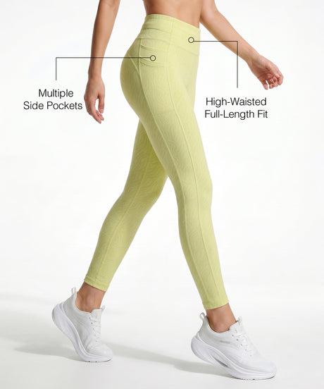 Yellow Textured High Impact Leggings With Pockets 25inches | High-Impact Support Best For Running, HIIT & Training